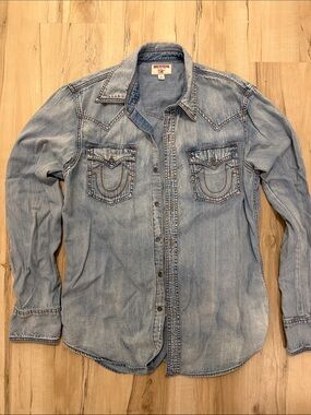 True Religion Washed Denim Western Shirt - Light Blue